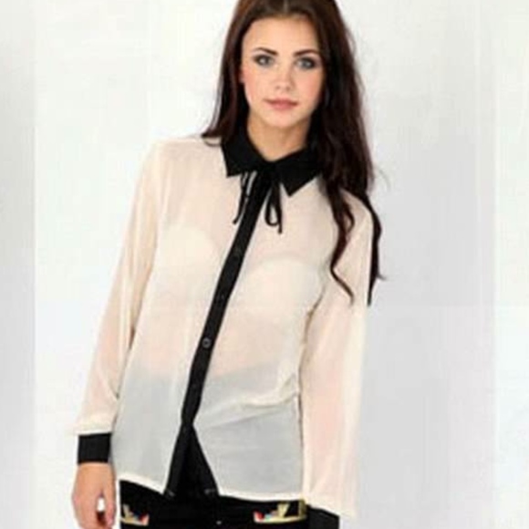 Guess Tops - Guess Black and Cream Button Up Sheer Blouse